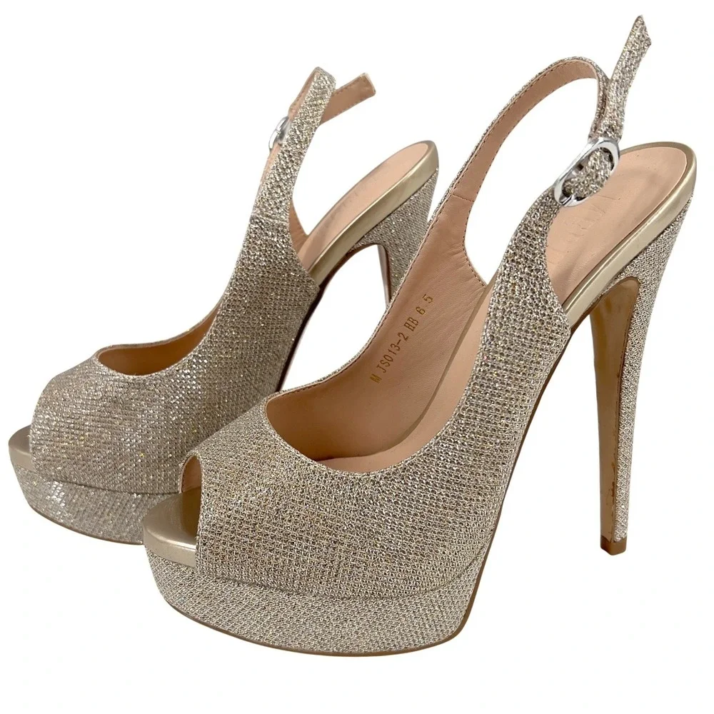 Merumote Womens Platform Slingback Heels Gold Glitter Peep Toe Stiletto Size 6.5